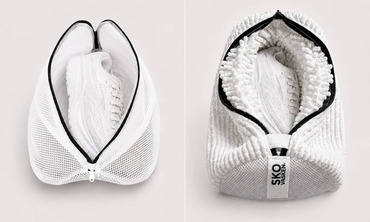 A plain mesh laundry bag holding a trainer beside a padded Skovasken wash bag holding a trainer