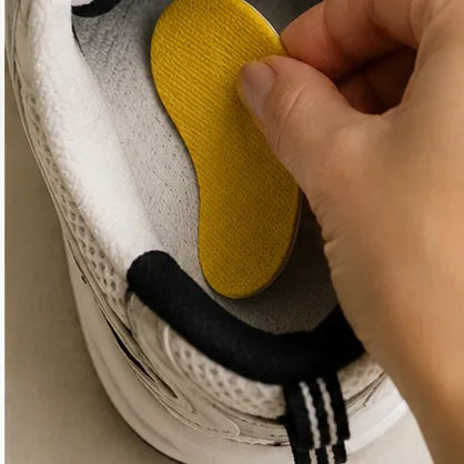 A yellow Skovasken Smell Patch being pressed into the heel of a white trainer